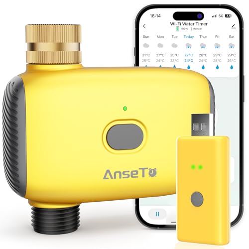 AnseTo Programador de Riego WiFi con Concentrador WiFi para Control Remoto, Entrada de Latón Temporizador de Riego Automático con Función de Retardo por Lluvia,Apto para Jardines,Invernaderos y Césped