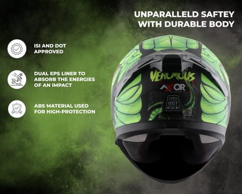 Image of Axor Apex Venomous ISI ECE DOT Certified Full Face Dual Visor Helmet for Men and Women with Pinlock Fitted Outer Clear Visor and Inner Smoke Sun Visor Dull Black Neon Green(M)
