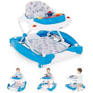 INFANS Baby Walker, 5 in 1 Behind Walker Learning Seated Rocker Bouncer with Removable Music Tray, Adjustable Height, Washable Seat Cushion, Foldable Activity Center for Toddlers (Unicorn)