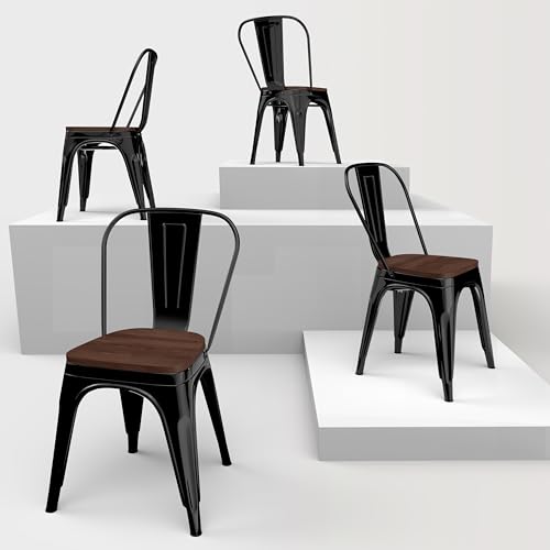 Image of Metal Dining Chairs with Backrest, Wood Seat, Black, 4 Pack | Easy Assembly, Non-Slip Feet, 330 lb Capacity, Kitchen, Restaurant, Cafe, Pub, Covered Patio