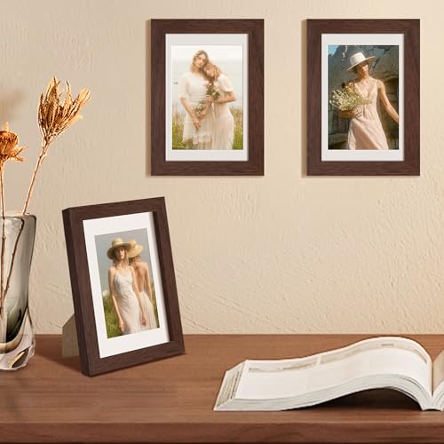 Image of upsimples 4x6 Picture Frame, Display Pictures 3.5x5 with Mat or 4 x 6 Without, Wall Hanging Photo Frames, Brown, 1 Pack