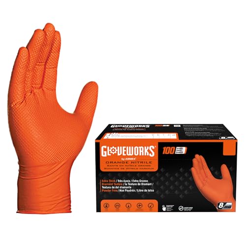 GLOVEWORKS Orange Nitrile Work Gloves 8 Mil Disposable Heavy Duty Raised Diamond Grip, Mechanic Glove, Large, Box of 100