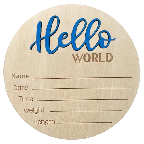 Image of Baby Announcement Sign - 5.9 Inch Wooden Hello World Newborn Welcome Plaque, Birth Announcement for Hospital, Newborn Name Sign for Photo Props Baby Shower Nursery (Blue)