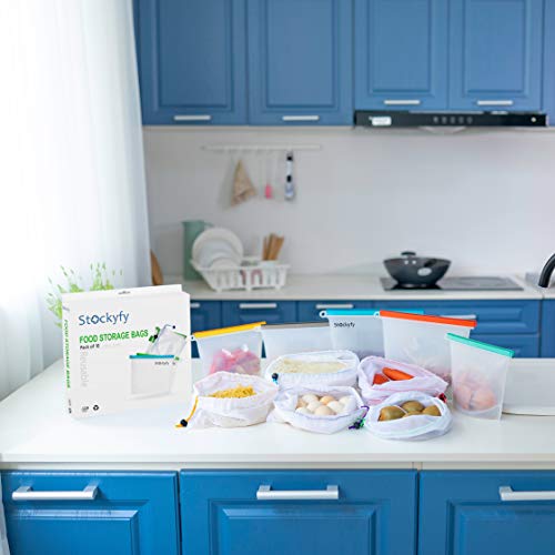 Reusable Silicone Food Storage Bags with Mesh Produce Bags (10-pack) Eco Friendly Food Storage Meal Prep | Freezer Containers Airtight Lunch Bags preserving cooking Kitchen Saver
