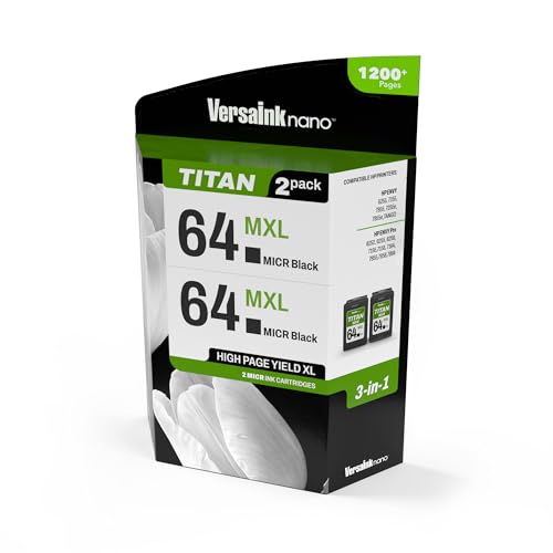 Image of VersaInk-Nano 64 MXL Titan-Magnetic (MICR 3-in-1) Black Ink Cartridge 2-Pack Replacement of 64 and 64 XL, Works with Envy 6255,7155,7855,7255e,7955e,Tango