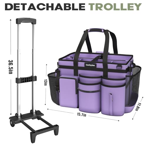 Image of Rolling Cleaning Caddy Bag with Detachable Trolley, Cleaning Supplies Organizer Cart on Wheels, Cleaning Supply Caddy for Housekeepers (Purple, 11.5 inch Dx15.7 Wx13 H)