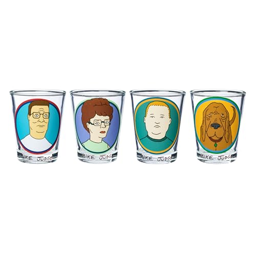 Image of Silver Buffalo King of the Hill Character Faces 4 Pack Mini Glass Set Featuring Hank Hill, Bobby Hill, Peggy Hill, and Lady Bird, 1.5 Ounces