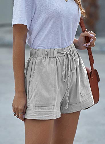 Yocur Womens Summer Wild Shorts Elastic Waist Drawstring Pocket Cuffed Hem Comfort Cotton Linen Grey M #TOP2