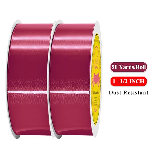 Image of 100 Yards Beauty Red Satin Ribbon Polyester Ribbon for Gift Wrapping Very Suitable for Weddings Party Hair Bow Invitation Decorations and More（1-1 /2 inch X 50Yards X 2 Roll）