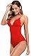 SHEKINI Damen Einteiliger Badeanzug Tiefer V Ausschnit Rückenfrei Bademode Verstellbar Schnürung Geknotete Slim Monokini Swimsuit(S,Rot)