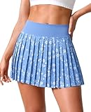 Fisoew Womens Floral Print Pleated Tennis Skirt High Waist Workout Athletic Mini Skirts with Pockets Inner Shorts Blue