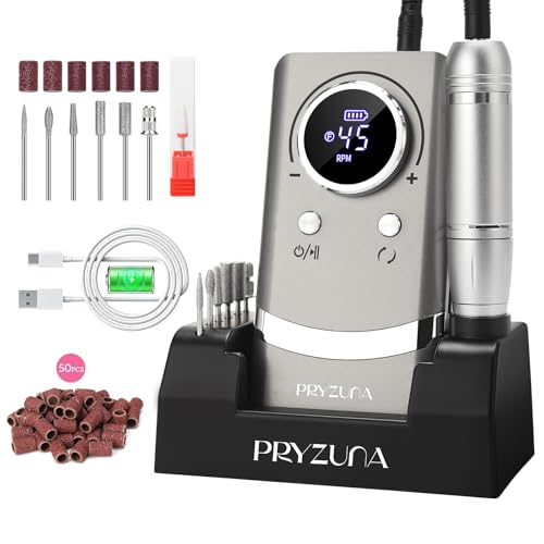 Image of Portable Nail Drill Electric File: 45000RPM Professional Rechargeable Nail E File Machine for Acrylic & Gel Nails, Cordless Efile with 7 Drill Bits, 56 Sanding Bands & Base for Salon Home (Gray)