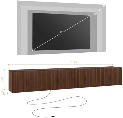 DHMAKER 81" Floating TV Stand Wall Mounted with Power Outlet for TVs up to 85", Fluted Midia Console Entertainment Center with LED Lights, Mid-Century Modern TV Console for Living Room Bedroom, Walnut - 2