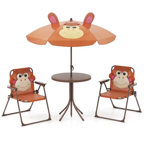 KOTEK Kids Picnic Table with Umbrella, Outdoor Table & 2 Folding Chairs, Cute Pattern Children’s Patio Furniture, Portable Kids Table and Chair Set for Backyard, Garden, Beach (Brown)