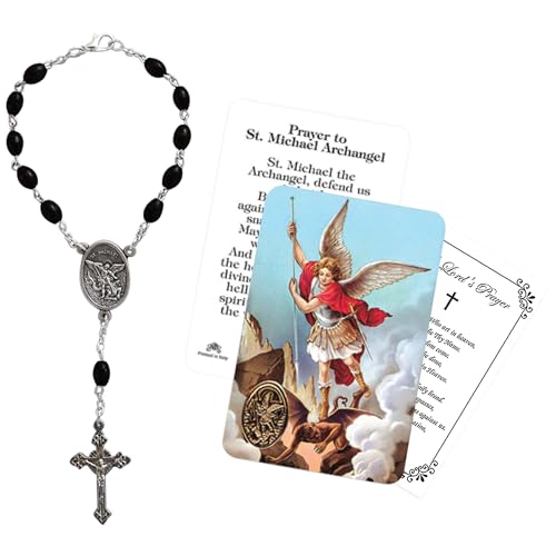 St Michael Car Rosary - St Michael The Archangel Prayer Card, The Lord\'s Prayer Card - Saint Michael Car Rosary with Black Bead, Clasp - St Michael Rearview Mirror Rosary, Catholic Card Set of 3 Items