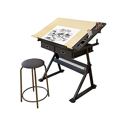 Adjustable Drawing Table with Stool, Tiltable Tabletop, Height Adjustable, Underdesk Storage, 2 Drawers, Study, Drafting