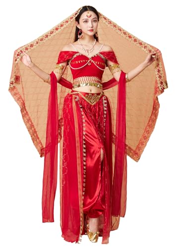 ZYSAMME Women's Belly Dance Halloween Performance Costumes Aladdin Jasmine Princess Dress 4 Piece Outfit 08 Tag S-Wine Red
