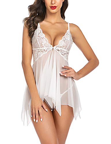 Avidlove Women Lace Lingerie Front Closure Babydoll V Neck Nightwear Sexy Chemise Nightie, White-1, Small