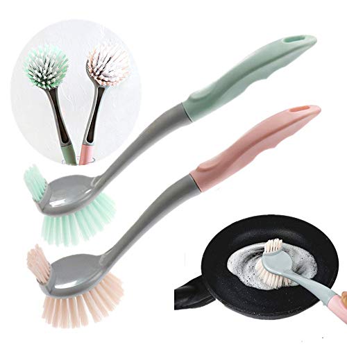 Qisuma Round Dish Brush-Kitchen Scrub Brush-Sink Bathroom Brushes-Long Handle Dish Scrub Brush-2 Sided Dish Scrubber Can Clean More Thoroughly (Pink and Green 2Packs)