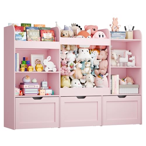 Image of VortinT 61" Kids Bookshelf and Toy Storage, Large Stuffed Animal Storage, 3 Tier Montessori Bookcase with Movable Boxes Drawer, Toy Organizer with 4 Compartments for Playroom, Living Room, Pink