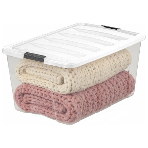 Image of IRIS USA 94 Qt Stackable Plastic Storage Bins with Lids, 8 Pack - BPA-Free, Made in USA - See-Through Organizing Solution, Latches, Durable Nestable Containers, Secure Pull Handle - Clear /White