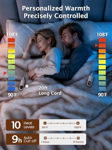 Image of Bearhug Heated Blanket Queen Size, 84 inchx90 inch Dual Control Luxury Faux Fur Electric Blanket with 10 Heat Levels & 9H Auto Off, 450GSM Ultra Plush Shaggy Bed Warmer for Couples, ETL Certified, Gift Box