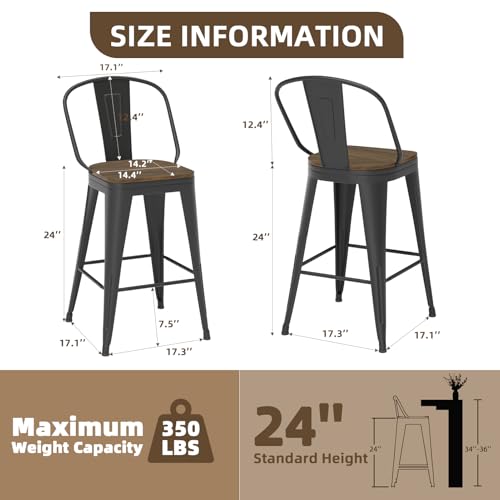 Butacos giratorios de bar de 24 pulgadas, juego de 4 unidades, con estructura metálica resistente y respaldo alto para cocina, cafés y restaurantes, color negro miniatura 2