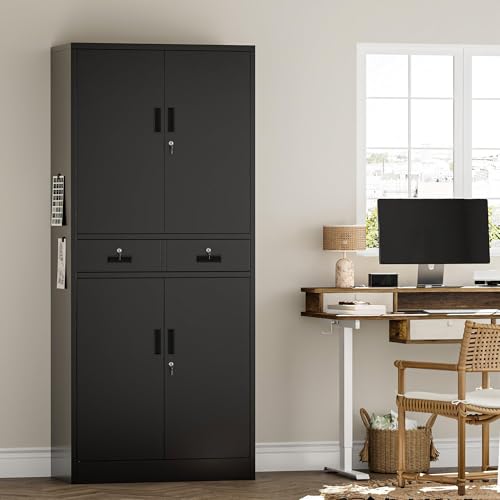 Image of Metal Storage Cabinet, 71 inch H Garage Cabinet with 2 Locking Drawers and 2 Adjustable Shelves, Black Tool Cabinet, Tall Storage Cabinet for Home, Office, Gym, School