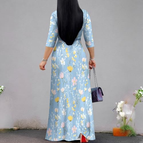 Image of PinkPatty Plus Size Maxi Dress for Women Casual V Neck 3 /4 Sleeve Boho Printed Long Dress with Pockets