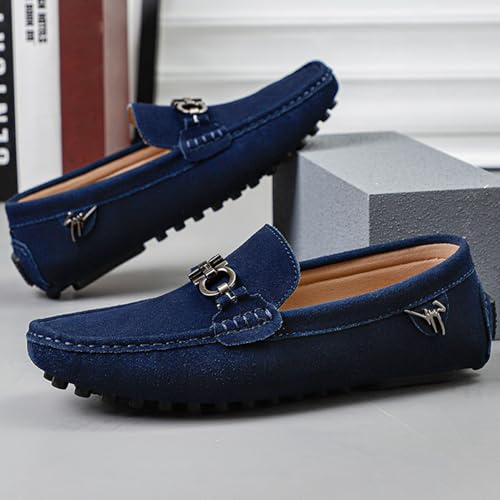 Men's Flat Loafers Suede Leather Driving Shoes with Metal Buckle Comfort Slip-On Moccasins Casual Boat Shoes2