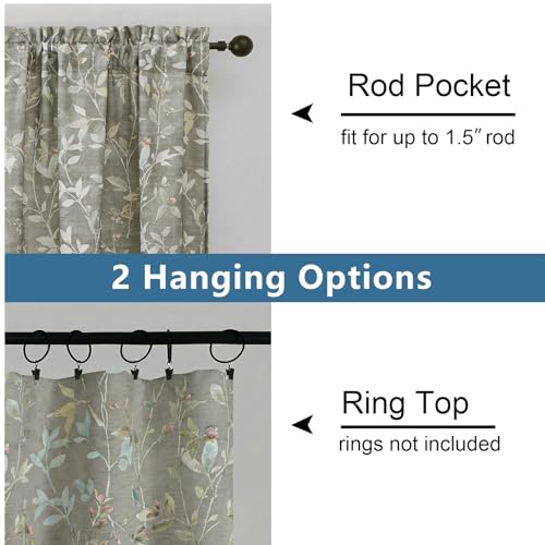 Image of Chyhomenyc Linen Blend Window Curtains 63 Inch Length 2 Panels, Light Filtering Floral Printed Curtain Drapes for Living Room, Rod Pocket Soft Bedroom Curtain Panels, 38Wx63L Inch, Grey