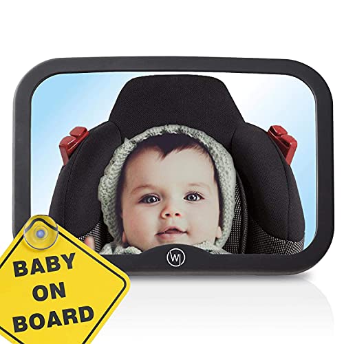 Baby Autospiegel 360° - 100% Bruchsicher & Rutschfest, Klare & weite Sicht, Spiegel Auto Rückbank für Kopfstütze, Rücksitzspiegel für Babys, Erstausstattung (24x17cm, mit Baby on Board Schild)