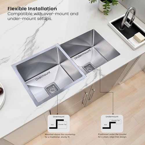 Image of Ruhe Handmade Double Bowl Kitchen Sink - 37x18x10 inches | 304-Grade Stainless Steel Sink | Brushed Matte Finish | Including Couplings, Waste Pipe, Sink Connector & Vegetable Washing Basket
