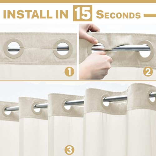 WONICY Small No Hooks Luxury Shower Curtain Set with Snap-in Liner, Polyester Textured with See-Through Top Window, Waterproof & Washable Hotel Style for Bathroom, 54W x 80H, Cream by WONICY - Image 2