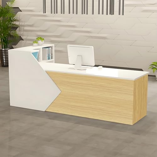 Escritorio de recepción de madera con estantes de almacenamiento y gabinete, mesa frontal moderna para oficina, salón, spa y servicios de belleza, solución de espacio de trabajo elegante y funcional