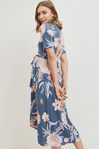 Women's Maternity Wrap Dress Midi Length With Waist Belt (Denim Blue Flower, L) #TOP3