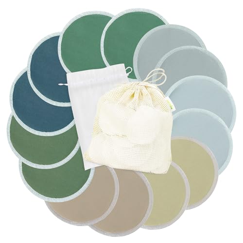 Image of wegreeco Nursing Breast Pads (14 Pack) + Laundry Bag & Travel Storage Bag, 4.7 inch Option - Washable & Reusable Breastfeeding Nursing Pads (Bean Paste Green, Plain Shape)