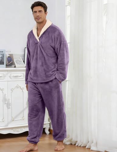 Image of Mens Fluffy Coral Fleece Pajamas Set Pullover Pants Loose Plush Warm Loungewear Sleepwear