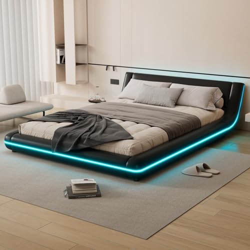 KOMHTOM Lit Double Rembourré avec Lumière d'ambiance LED, Lit Plat avec Sommier à Lattes en Bois, Design Unique, Moderne, PU(sans Matelas) (Noir, 140x200cm)