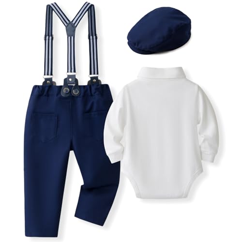 Image of SALNIER Baby Boy Suit Set Infant Formal Outfit Tuxedo | Soft Cotton Shirt Suspenders Pants Bow Tie Beret Hat 5pcs Set, For Wedding Baptism Birthday Party