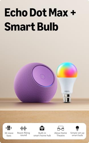 Image of All-new Amazon Echo Dot Max, Alexa speaker with 3X bass and room-filling sound, hands-free smart home management, Bluetooth, Amethyst, combo with Wipro 9W Smart Bulb