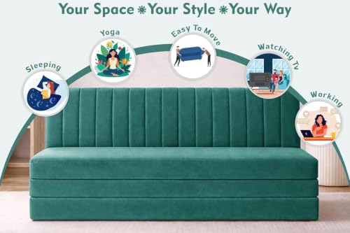 Image of Rosebell -3 Seater Upholstered Armless Sofa Cum Bed with Backrest | Velvet Fabric Finish | Modern Living Room & Bedroom -Green
