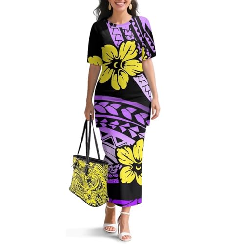 Image of Polynesian Dress for Women Short Sleeve High Waist Maxi Skirt | Puletasi dress, t-shirt and skirt two-piece, elastic material, lightweight, soft, plus size, luau party, wedding, clubwear