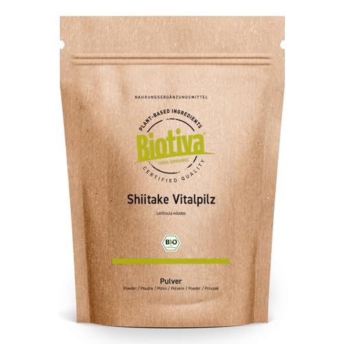 Biotiva Hongos shiitake orgánicos en polvo 125 g - 100% orgánico - Shii-Take - Lentinula edodes - hongo vital - sin aditivos - llenado y certificado en Alemania.