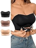 MakeMeChic Women's Strapless Bra Front Closure 3 Pack Wireless Front Closure Bandeau Bra Underwear Black Brown Beige Medium