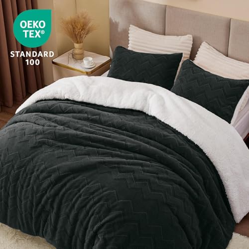 Image of BEDELITE Fluffy Sherpa Queen Comforter Set,Black | Super Soft & Warm Fleece Bedding, Luxury Fuzzy Comforter for Winter, Heavy Plush Bedding Set,2 Pillowcases