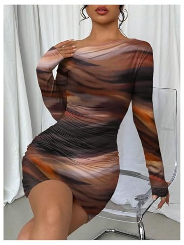 Image of RoseSeek Women's Off Shoulder Ombre Tie Dye Bodycon Dress Long Sleeve Slim Fit Pencil Mini Dresses