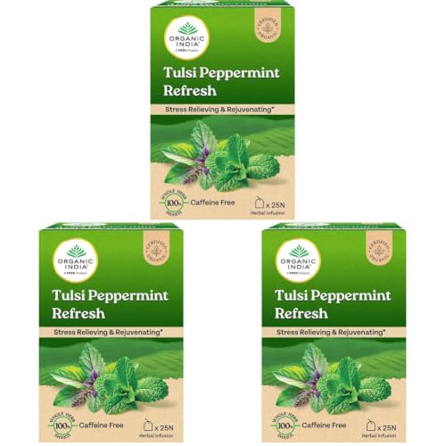 Image of ORGANIC INDIA Tulsi Peppermint Refresh 25 Tea Bags || Stress Relieving & Rejuvenating || Feeling Refreshed || Tulsi Tea - 25 Tea Bags (Pack of 3)