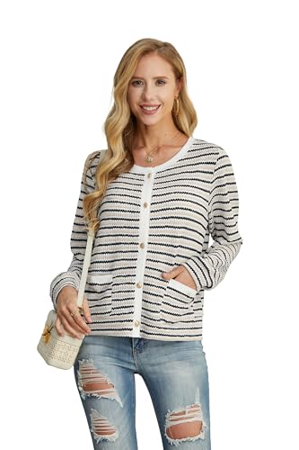 Image of Women's White Apricot Choco Casual Dressy Stirped Cardigan with Patch Pocket Sweaters Crew Neck Lady Lightweight Jacket 2024 Fall Winter Size M