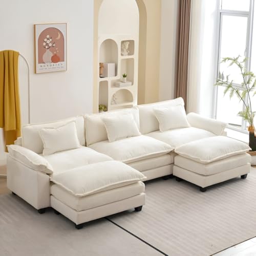 Image of Modern U Shaped Sectional Sofa, Plush Chenille Upholstery, Extra Deep Seats with Throw Pillows for Living Room Office Hotels (Cream)